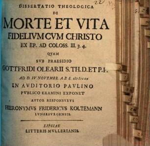 Diss. theol. de morte et vita fidelium cum Christo