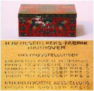 Blechdose für Gebäck (auf Boden: H. BAHLSENS KEKS-FABRIK HANNOVER - Abbildung floraler Ornamente, darin zwei Löwen)