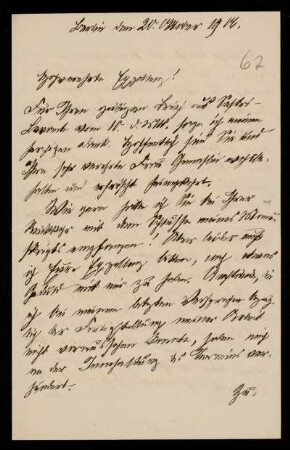 67: Brief von Max Greiff an Gottlieb Planck, Berlin, 20.10.1906