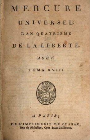 Le Mercure universel. 18. 1792 = Aug.