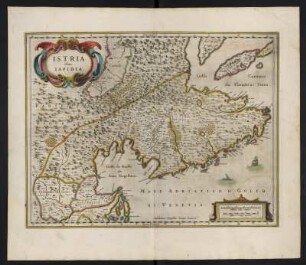 Karte von Istrien, ca. 1:200 000, kolorierter Kupferstich, 1645 : Istria olim Iapidia. - [Ca. 1:200.000]. - [Amsterdam] : Ioannes Ianssonius, [1645]. - 1 Kt : Kupferst ; 49 x 37 cm. - Maßstab in graph. Form (Milliaria Italica communia, Milliaria Germanica communia). - E oben