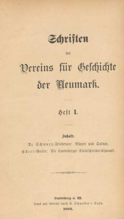 1.1893: Schriften des Vereins für Geschichte der Neumark