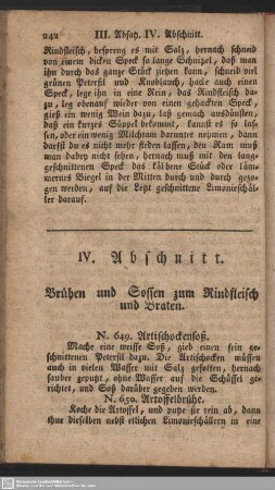 IV. Abschnitt. Brühen und Sossen zum Rindfleisch und Braten