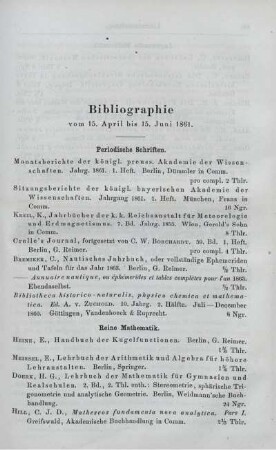 Bibliographie vom 15. April bis 15. Juni 1861.