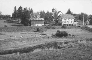 Haidmühle: Ort [im Vordergrund wird Heu eingeholt mit Pferdewagen]