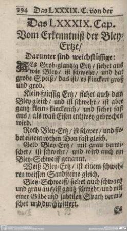 Das LXXXIX. Cap. Vom Erkenntniß der Bley-Ertze/