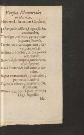 Versus Memoriales in Materias. Novem Librorum Codicis.