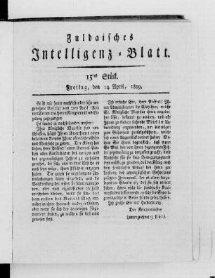 15tes Stück, Ausgabe vom 14. April 1809