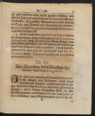 Tit. XV. Von Beweisung durch Briefliche Urkunden, auch deren Recognition.