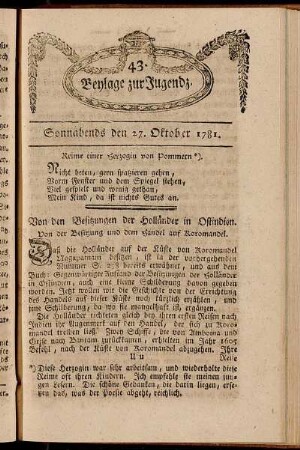 43. Beylage zur Jugendz. Sonnabends den 27. Oktober 1781