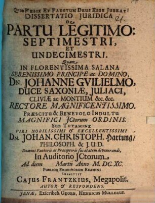 Diss. iur. de partu legitimo, septimestri et undecimestri