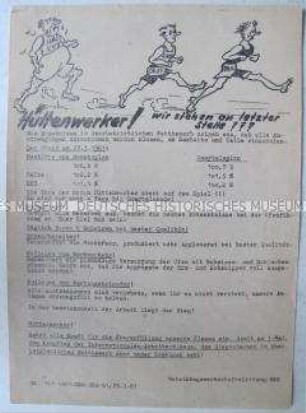 Hektografiertes Propagandaflugblatt aus dem EKO mit einem Aufruf zu verstärkten Produktionsanstrengungen