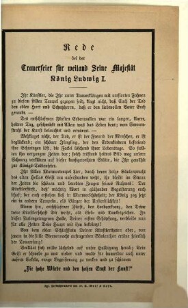 Rede bei der Trauerfeier für weiland Seine Majestät König Ludwig I.
