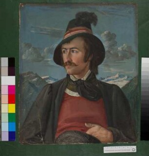 Mann mit Schnurbart und Feder am Hut in Tiroler Tracht