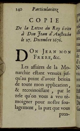 Copie De la Lettre du Roy écrite à Don Jean d'Austriche le 27. Decembre 1676