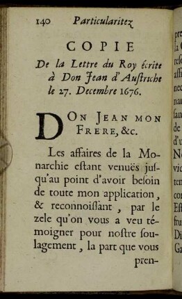 Copie De la Lettre du Roy écrite à Don Jean d'Austriche le 27. Decembre 1676