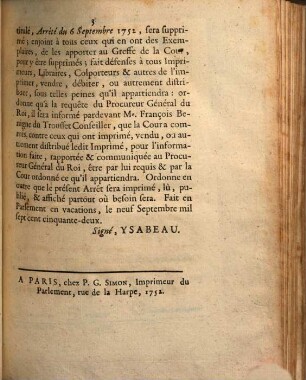 Extrait Des Registres De Parlement, Du neuf Septembre mil sept cent cinquante-deux