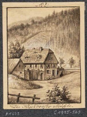 Die Kipsdorfer Mühle am linken Ufer der Roten Weißeritz, Nr. 7 aus J. F. W. Wegeners Mappe "Die rothe Weißeritz", 1. Theil, von 1837