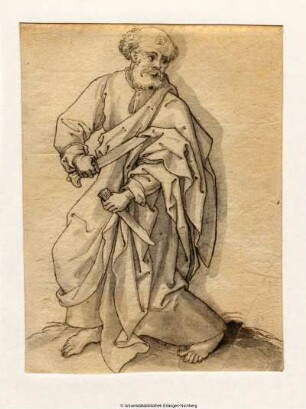 Petrus, mit gebeugten Knien nach links schreitend und das kurze Schwert aus der Scheide ziehend