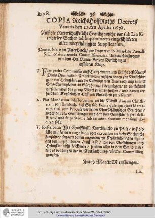 Lit: R. COPIA ReichsHoffRaths Decrets Veneris den 22.ten Aprilis 1678. ...