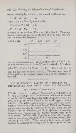 On Sylvester's tables of Hamiltonian differences and their associate numbers.