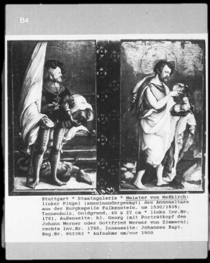 Annenaltar aus der Burgkapelle Falkenstein: Heiliger Georg (mit Porträtkopf des Johann Werner oder Gottfried Werner von Zimmern), Johannes Baptist
