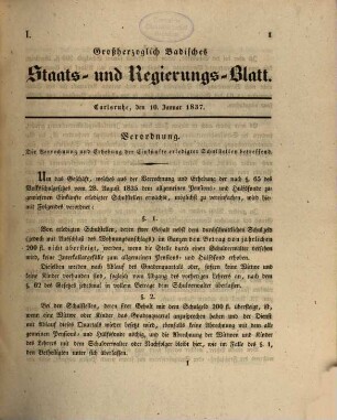 Großherzoglich Badisches Staats- und Regierungsblatt. 1837