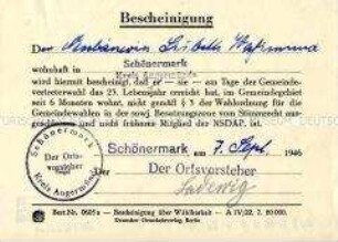 Bescheinigung über die Zulassung zur Gemeindewahl - Sachkonvolut