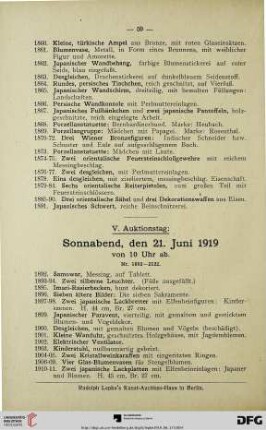 V. Auktionstag: Sonnabend, den 21. Juni 1919 von 10 Uhr ab (Nr. 1892-2122)
