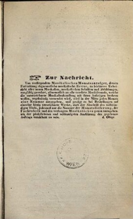 Musikalischer Monatsanzeiger aller im Jahre ... neu erschienenen Musikalien, Schriften über Musik, Portraits von Componisten etc. 1840