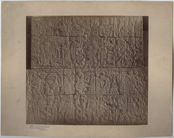 "Two fragments of bas-reliefs, taken in a room at the ball court."