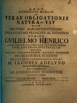Diss. mor. de verae obligationis natura et usu