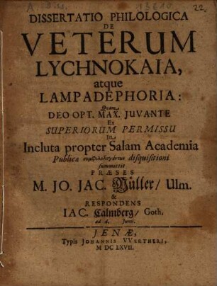 Dissertatio Philologica De Veterum Lychnokaia, atque Lampadephoria