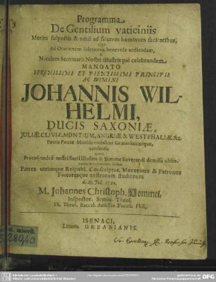Programma De Gentilium vaticiniis Merito suspectis, & nihil ad salutem hominum facientibus
