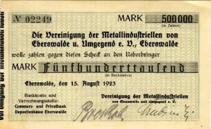 Vereinigung der Metallindustriellen von Eberswalde und Umgebung e.V.: 500.000 Mark 1923