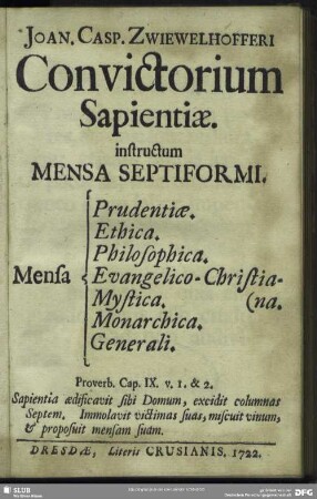 Joan. Casp. Zwiewelhofferi Convictorium Sapientiae : instructum Mensa Septiformi; Mensa Prudentiae. Ethica. Philosophica. Evangelico-Christiana. Mystica. Monarchica. Generali