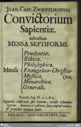 Joan. Casp. Zwiewelhofferi Convictorium Sapientiae : instructum Mensa Septiformi; Mensa Prudentiae. Ethica. Philosophica. Evangelico-Christiana. Mystica. Monarchica. Generali