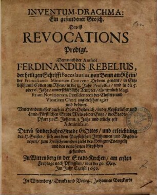Inventum-Drachma : = Ein gefundener Grosch. Das ist Revocations Predigt