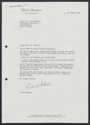 Brief an Gerard Mortier an Salzburger Festspiele, 12.01.1990