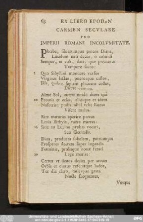 Carmen Seculare Pro Imperii Romani Incolumitate.