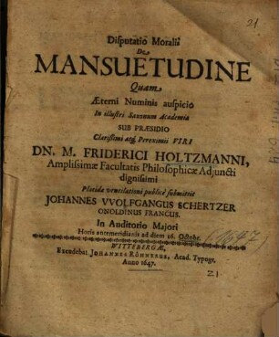 Disputatio Moralis De Mansuetudine