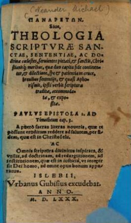 Panaretōn, Sive Theologia scripturae sanctae, sententiae, ac doctrinae coelestes ...