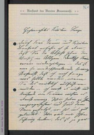 Brief von Pauline Bohn an Helene Lange