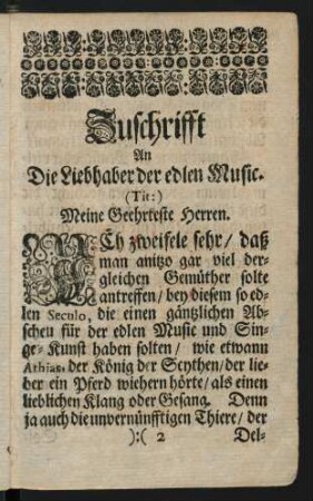 Zuschrifft An Die Liebhaber der edlen Music.