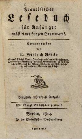 Französisches Lesebuch für Anfänger : Nebst e. kurzen Grammatik