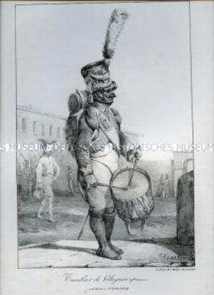 Uniformdarstellung, Tambour der Voltigeure der Linien-Infanterie in großer Uniform, Frankreich, 1809. Tafel Nr. 9 aus: Recueil de Costumes d'Infanterie de Ligne.