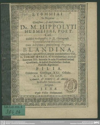 Euphēmiai in nuptias Hippolytis Hubmeieri cum Blandina Marci celebratas ... ab amicis scriptae