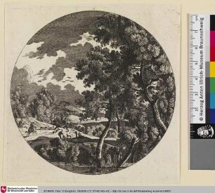 [Landschaft mit Baum und Jagdszene]