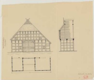 Friedewalde (Kreis Minden): [Hof Nr. 21 Vinke]. [Haupthaus] (Teilgrundriss, Giebelansicht, Schnitt)