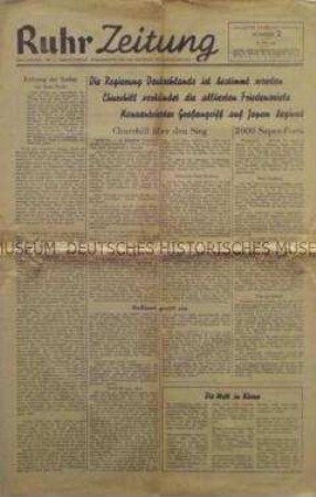 Nachrichtenblatt der US-Armee "Ruhr Zeitung" zur Verkündung der Friedensziele der Alliierten (Rede Churchills im britischen Unterhaus)